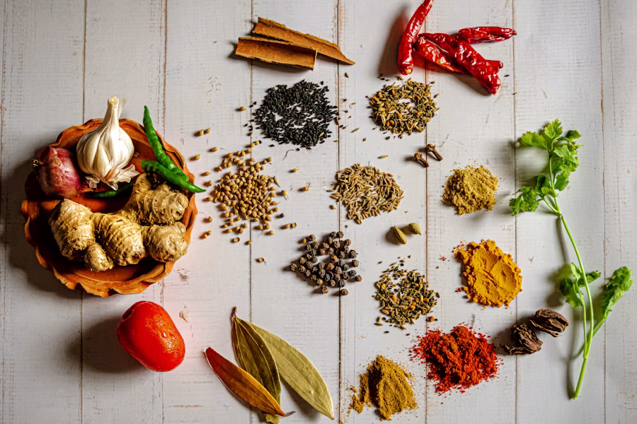 Arrangement of authentic Indian spices and masala powders